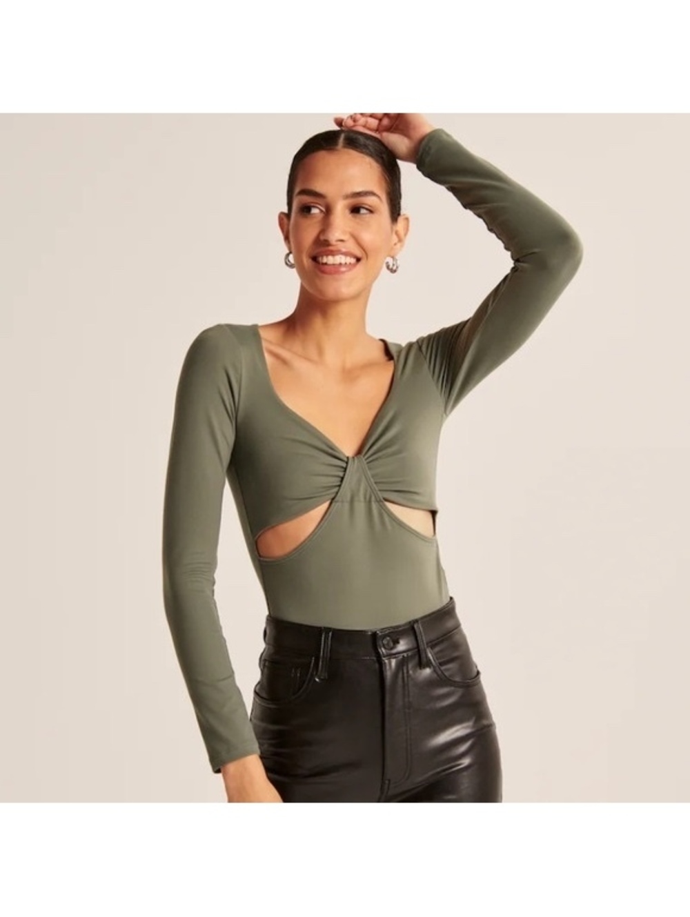 Abercrombie & Fitch Olive Green Cutout Twist Front Long Sleeve Bodysuit Size S
